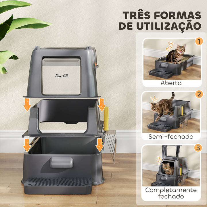 Caixa de Areia para Gatos de Aço Inoxidável XL com Tampa Articulada 180° Laterais Altas Pedal Pá Sem Odores Fácil de Limpar,Antiderrapante 63x43x43 cm Cinzento Escuro