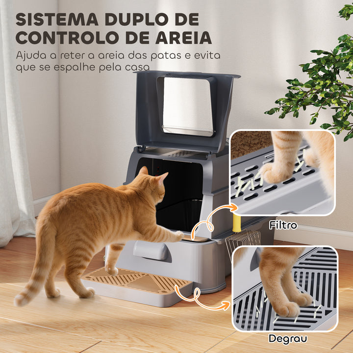 Caixa de Areia para Gatos de Aço Inoxidável XL com Tampa Articulada 180° Laterais Altas Pedal Pá Sem Odores Fácil de Limpar,Antiderrapante 63x43x43 cm Cinzento Escuro