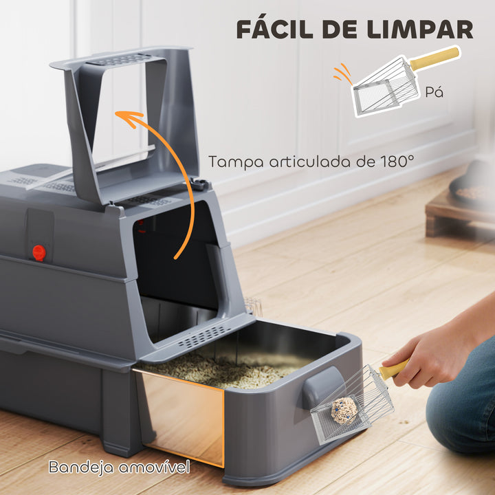 Caixa de Areia para Gatos de Aço Inoxidável XL com Tampa Articulada 180° Laterais Altas Pedal Pá Sem Odores Fácil de Limpar,Antiderrapante 63x43x43 cm Cinzento Escuro