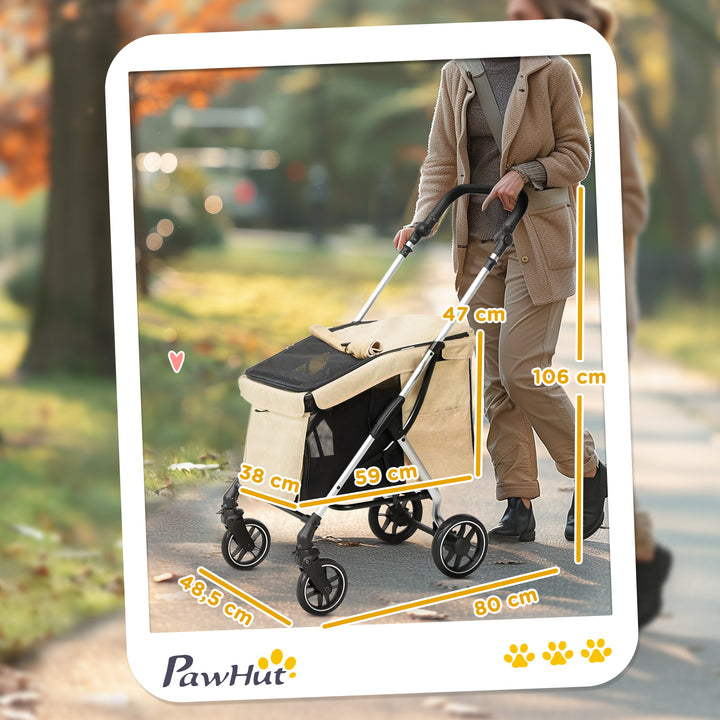 Carrinho para Cães Dobrável Carrinho de Passeio para Cães Pequenos com Rodas Universais Correia de Segurança Almofada Lavável e Janelas 80x48,5x106 cm Cáqui