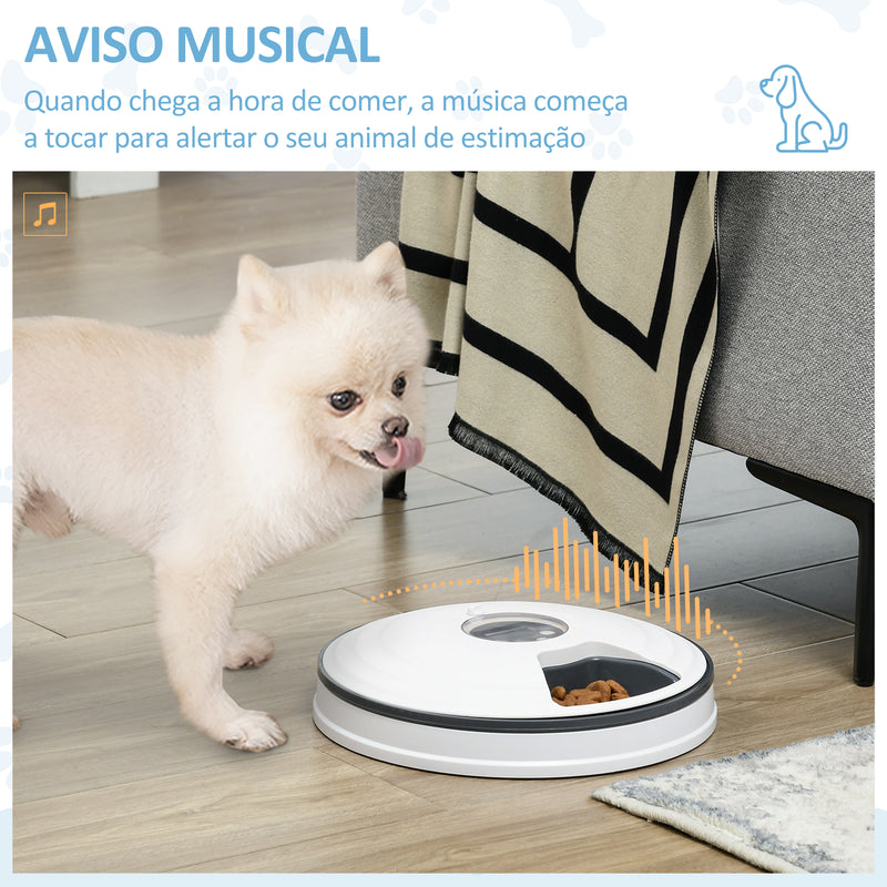 Comedouro Automático para Cães e Gatos Comedouro Automático para Animais de Estimação com Temporizador Ecrã LED Digital 6 Tigelas 128 ml e 4 Comidas Diárias Ø30,5x7,2 cm Branco