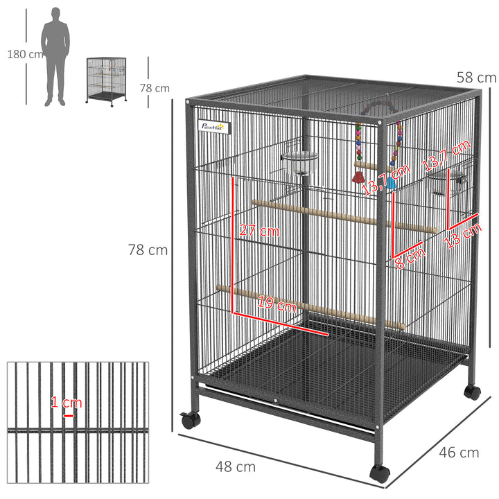 Gaiola para Pássaros com Rodas Gaiola para Aves com Comedouro Poleiro Baloiço Prateleira e Bandeja Amovível Gaiola Grande para Canários Periquitos 48x46x74 cm Cinzento