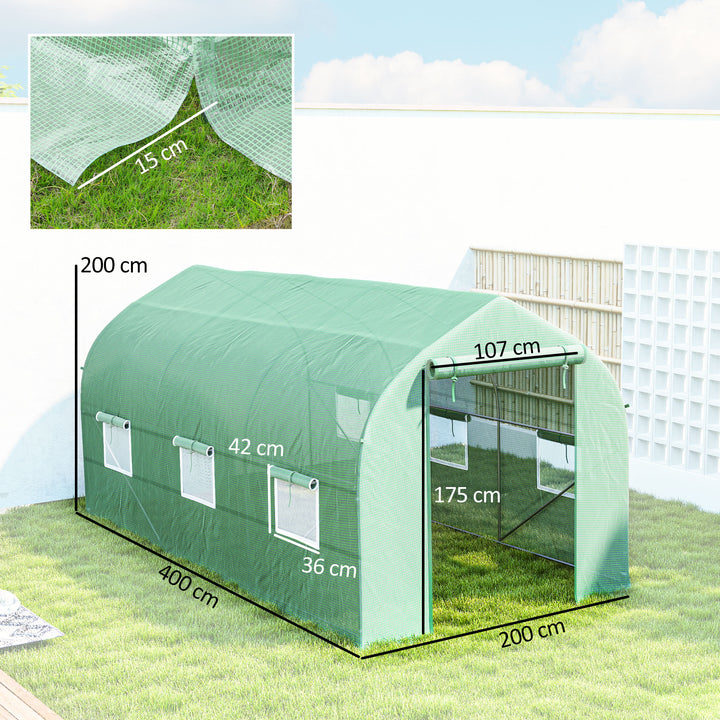 Estufa de Jardim 400x200x200cm Tipo Túnel com 6 Janelas Transpiráveis e Portas Enrolável com Zíper para Cultivo de Plantas e Verduras Verde