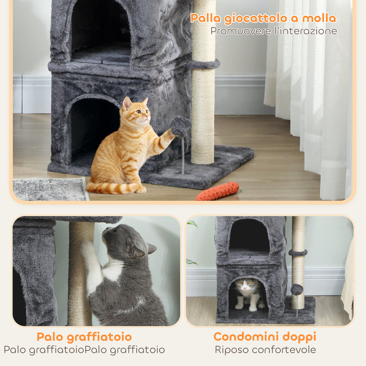 Arranhador para Gatos 66 cm Torre para Gatos com Cama 2 Cavernas Poste de Sisal e Bola para Brincar Cinzento Escuro