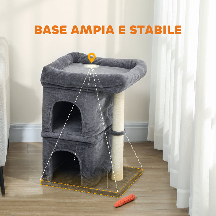Arranhador para Gatos 66 cm Torre para Gatos com Cama 2 Cavernas Poste de Sisal e Bola para Brincar Cinzento Escuro