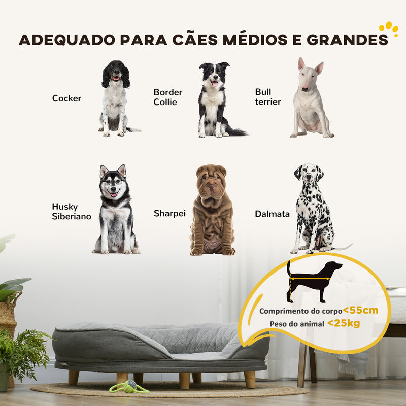 Sofá para Cães Médios e Grandes Sofá para Animais de Estimação com Pate Superior Amovível Capa Lavável e Pés de Madeira Carga 25 kg 90x78x25 cm Cinza