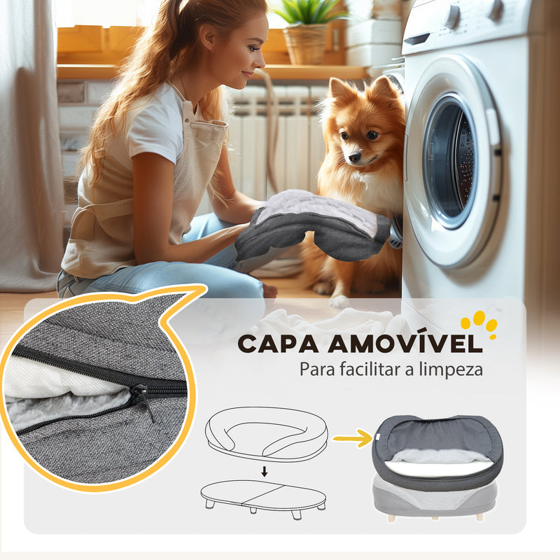 Sofá para Cães Médios e Grandes Sofá para Animais de Estimação com Pate Superior Amovível Capa Lavável e Pés de Madeira Carga 25 kg 90x78x25 cm Cinza