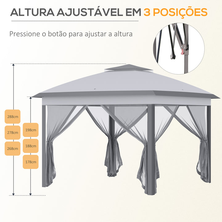 Tenda Dobrável Exterior 3,3x3,3 m com Altura Ajustável Tenda de Jardim com Teto Duplo 4 Mosquiteiras Removíveis e Bolsa de Transporte para Acampamento Festas Cinza