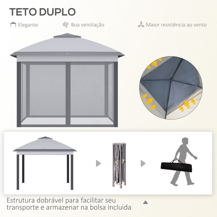 Tenda Dobrável Exterior 3,3x3,3 m com Altura Ajustável Tenda de Jardim com Teto Duplo 4 Mosquiteiras Removíveis e Bolsa de Transporte para Acampamento Festas Cinza