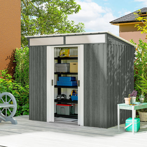 Abrigo de Jardim Exterior 2 m² 195x122x181,5 cm Abrigo Metálico com Base SEM CHÃO 2 Portas de Correr Janelas e Ganchos para Ferramentas Cinza Claro
