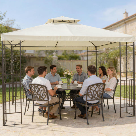 Pérgola de Jardim 4x3 m Toldo de Jardim com Telhado Duplo Estrutura de Aço, 8 Orifícios de Drenagem UPF30+ Tenda para Exterior Terraço Pátio Festas Branco Creme