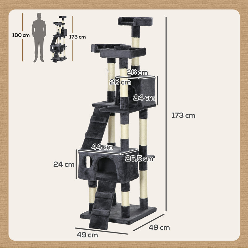 Arranhador para Gatos Grande 49x49x173 cm com Múltiplos Níveis Cavernas Brinquedos Suspensos Centro de Atividades de Sisal Cinza Escuro