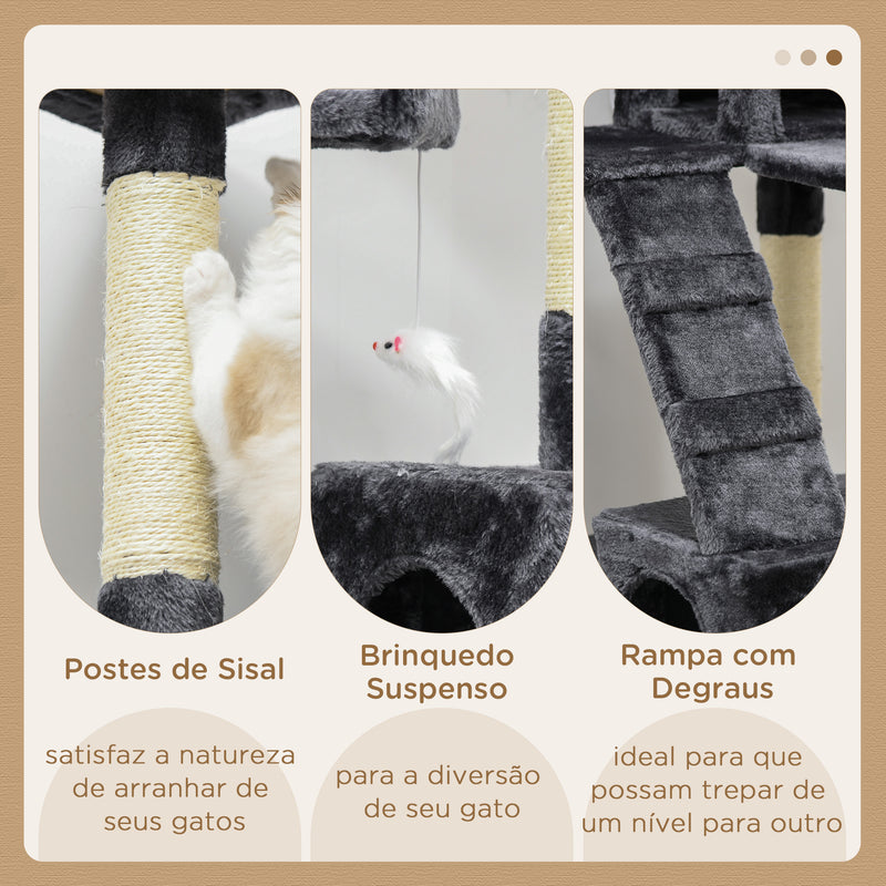 Arranhador para Gatos Grande 49x49x173 cm com Múltiplos Níveis Cavernas Brinquedos Suspensos Centro de Atividades de Sisal Cinza Escuro