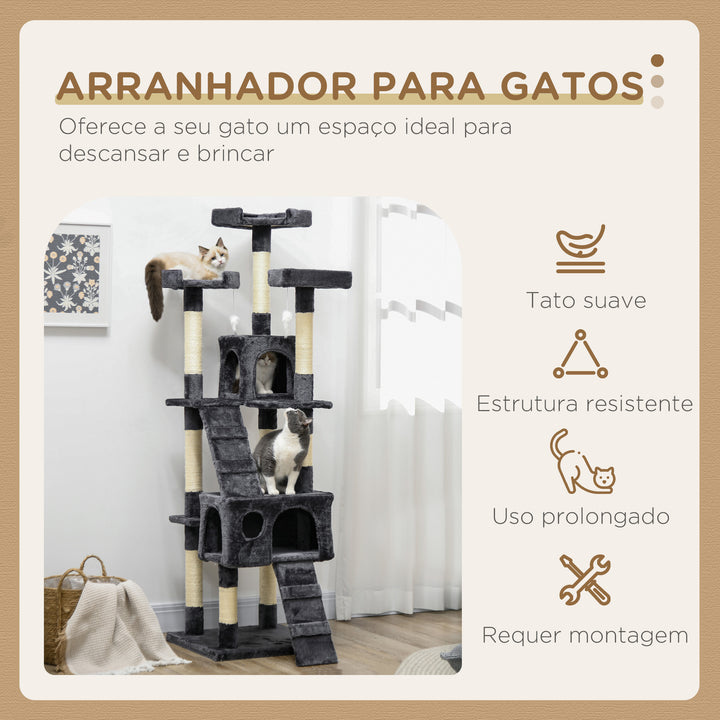 Arranhador para Gatos Grande 49x49x173 cm com Múltiplos Níveis Cavernas Brinquedos Suspensos Centro de Atividades de Sisal Cinza Escuro