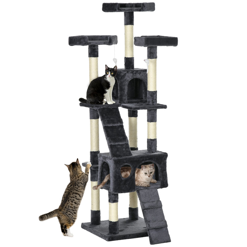 Arranhador para Gatos Grande 49x49x173 cm com Múltiplos Níveis Cavernas Brinquedos Suspensos Centro de Atividades de Sisal Cinza Escuro