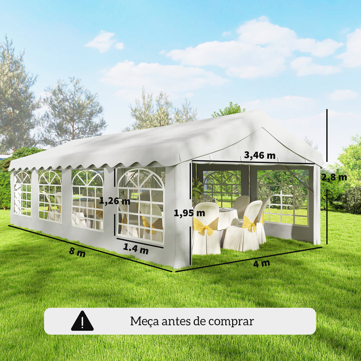 Tenda para Festas 4x8 m Tenda de Jardim com Estrutura de Aço Galvanizado Paredes Laterais Removíveis Porta com Fecho de Correr e Janelas UPF50+ Branco
