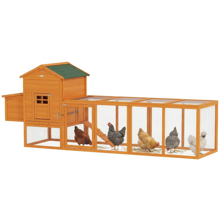 Galinheiro de Madeira 297,5x68x118cm Galinheiro Grande para 3-6 Galinhas com Teto Asfáltico Cercado de Metal Porta com Trava Caixa Ninho Bandeja Amovível e Rampa Madeira