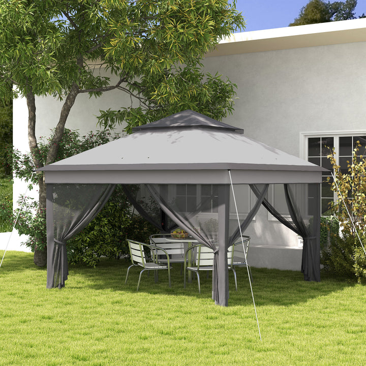 Tenda Dobrável 3,26x3,26x2,72 m Tenda de Jardim com Duplo Teto Altura Ajustável 4 Painéis de Malha Proteção UV30+ e Bolsa de Transporte para Festas Campismo Cinza