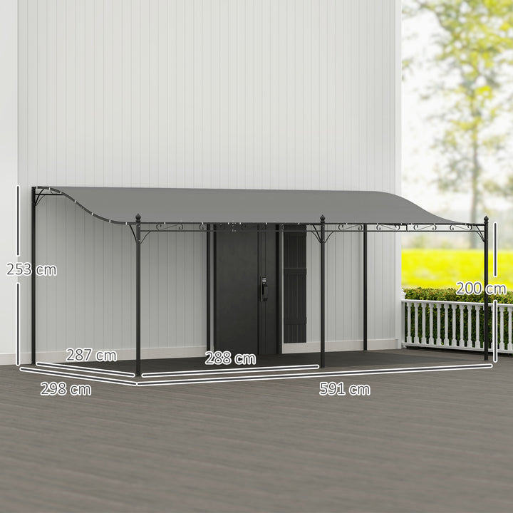 Pérgola de Parede de Jardim 3x6 m Pérgola de Jardim com Telhado Inclinado Orifícios de Drenagem e Estrutura Metálica Resistente às Intempéries para Pátio Terraço Varanda Cinzento Escuro