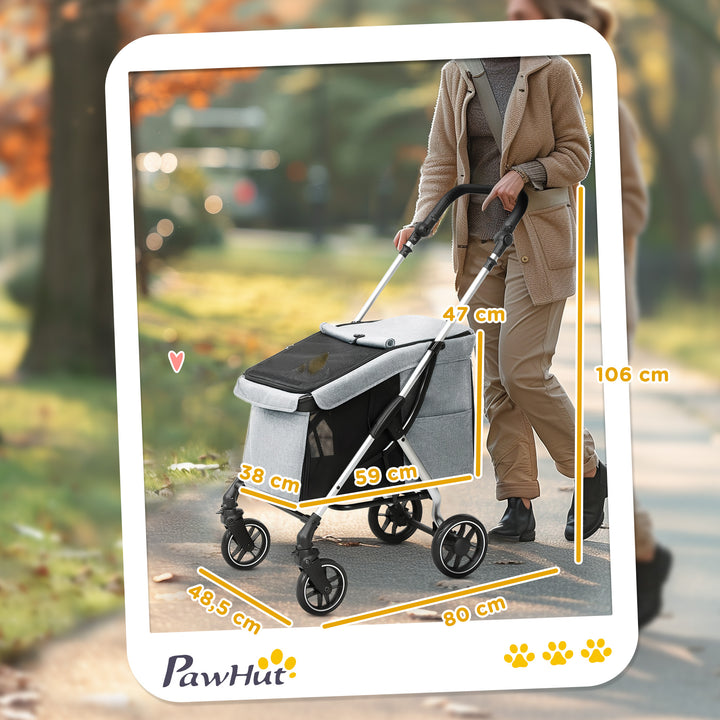 Carrinho para Cães Dobrável Carrinho de Passeio para Cães Pequenos com Rodas Universais Correia de Segurança Almofada Lavável e Janelas 80x48,5x106 cm Cinzento Claro