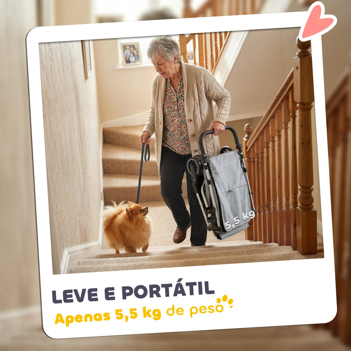 Carrinho para Cães Dobrável Carrinho de Passeio para Cães Pequenos com Rodas Universais Correia de Segurança Almofada Lavável e Janelas 80x48,5x106 cm Cinzento Claro