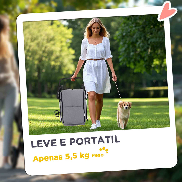 Carrinho para Cães Dobrável Carrinho de Passeio para Cães Pequenos com Rodas Universais Correia de Segurança Almofada Lavável e Janelas 80x48,5x106 cm Cinzento Claro