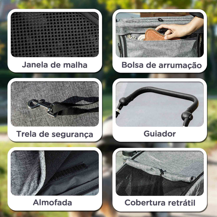 Carrinho para Cães Dobrável Carrinho de Passeio para Cães Pequenos com Rodas Universais Correia de Segurança Almofada Lavável e Janelas 80x48,5x106 cm Cinzento Claro