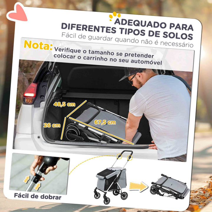 Carrinho para Cães Dobrável Carrinho de Passeio para Cães Pequenos com Rodas Universais Correia de Segurança Almofada Lavável e Janelas 80x48,5x106 cm Cinzento Claro