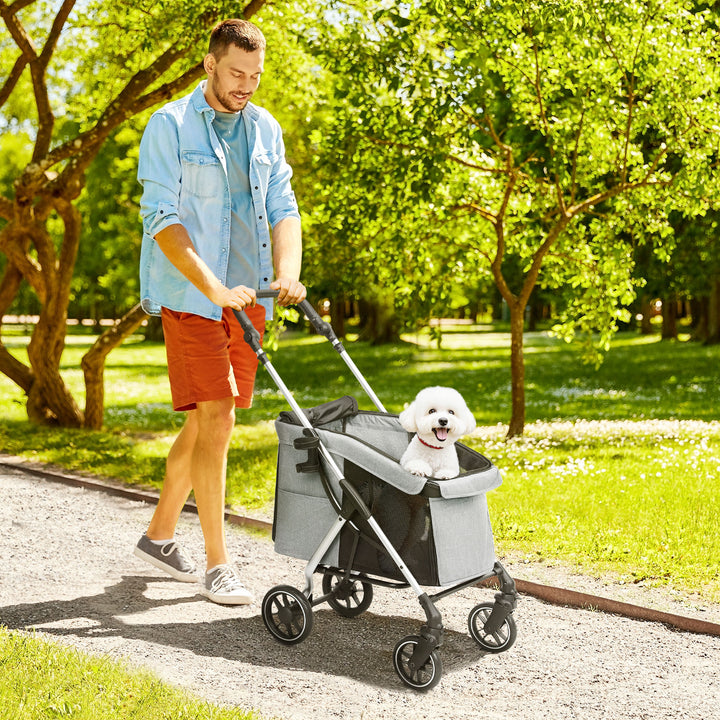 Carrinho para Cães Dobrável Carrinho de Passeio para Cães Pequenos com Rodas Universais Correia de Segurança Almofada Lavável e Janelas 80x48,5x106 cm Cinzento Claro