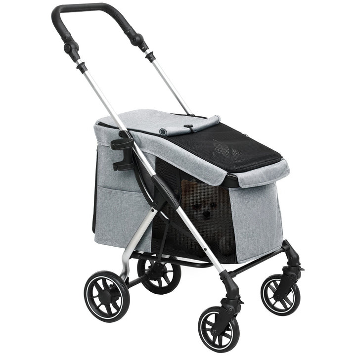 Carrinho para Cães Dobrável Carrinho de Passeio para Cães Pequenos com Rodas Universais Correia de Segurança Almofada Lavável e Janelas 80x48,5x106 cm Cinzento Claro