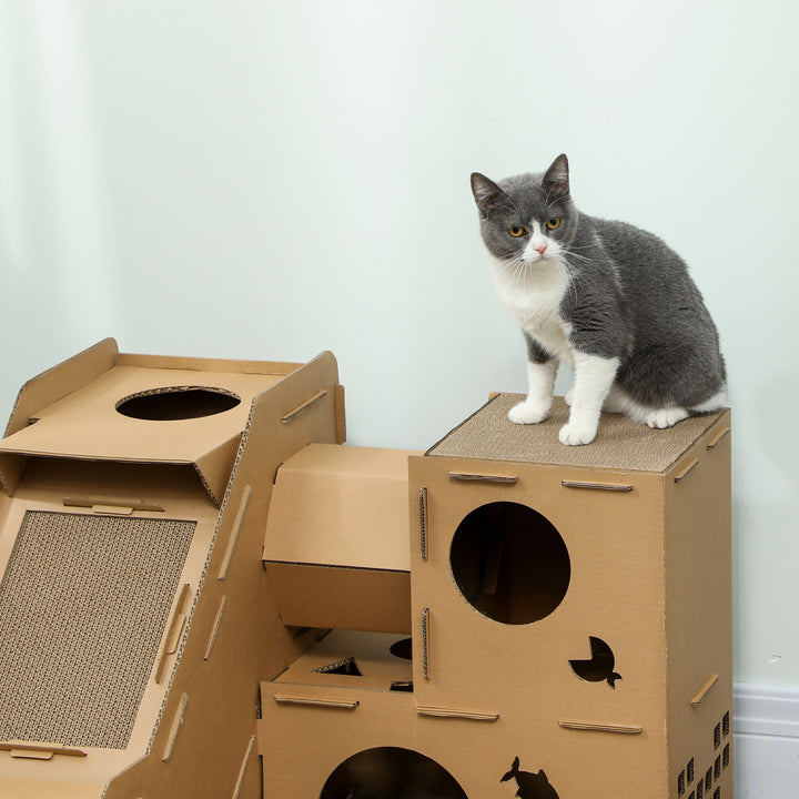 Casa para Gatos de Cartão Forma de Castelo Arranhador para Gatos de 2 Níveis com 3 Zonas de Arranhar Túnel, Rampa Inclui Erva para Interior 78x66x57 cm Castanho
