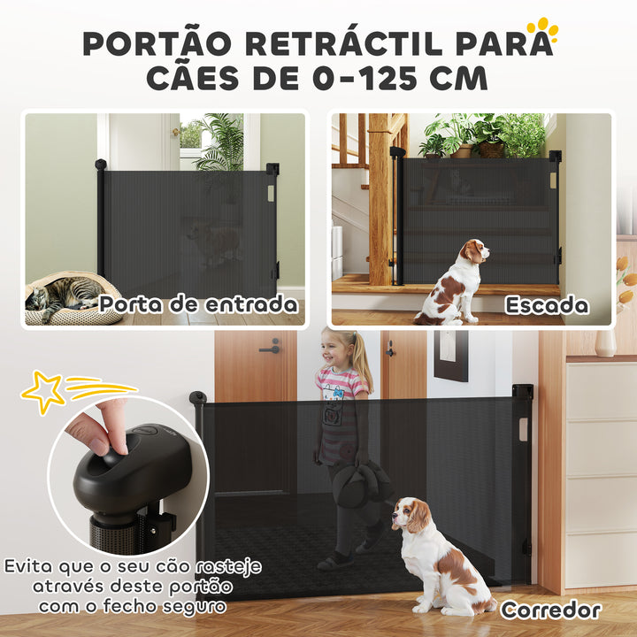 Barreira para Cães Retrátil 0-144 cm Barreira para Cães Pequenos Extensível Barreira de Segurança para Animais de Estimação com Fecho para Escadas Portas Corredores Preto