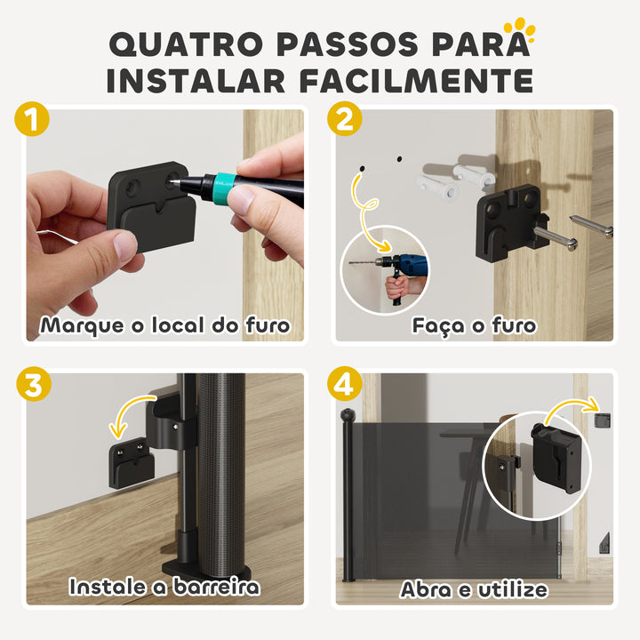 Barreira para Cães Retrátil 0-144 cm Barreira para Cães Pequenos Extensível Barreira de Segurança para Animais de Estimação com Fecho para Escadas Portas Corredores Preto