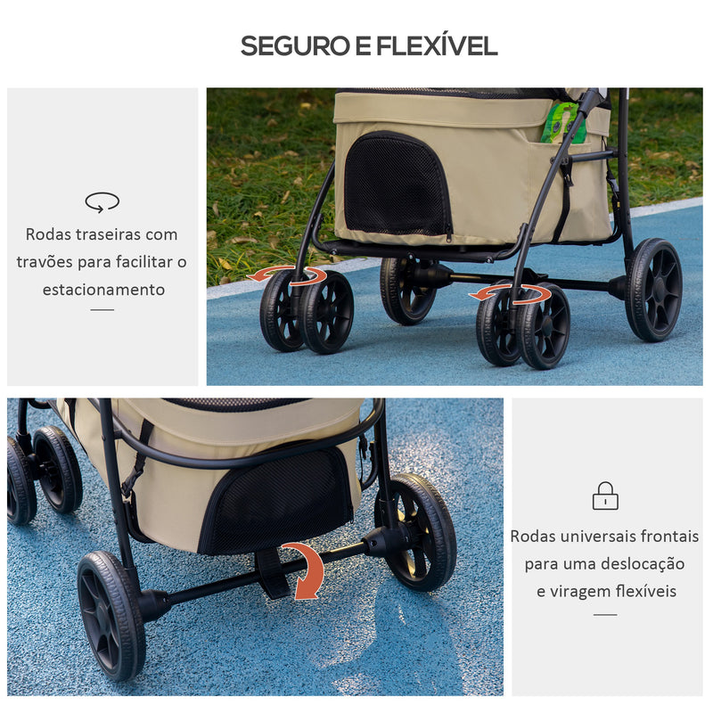 Carrinho para Animais de Estimação 2 em 1 Carrinho para Cães Dobrável com 2 Correias de Segurança Almofadado e Estrutura de Aço 81x68x98,5 cm Cáqui