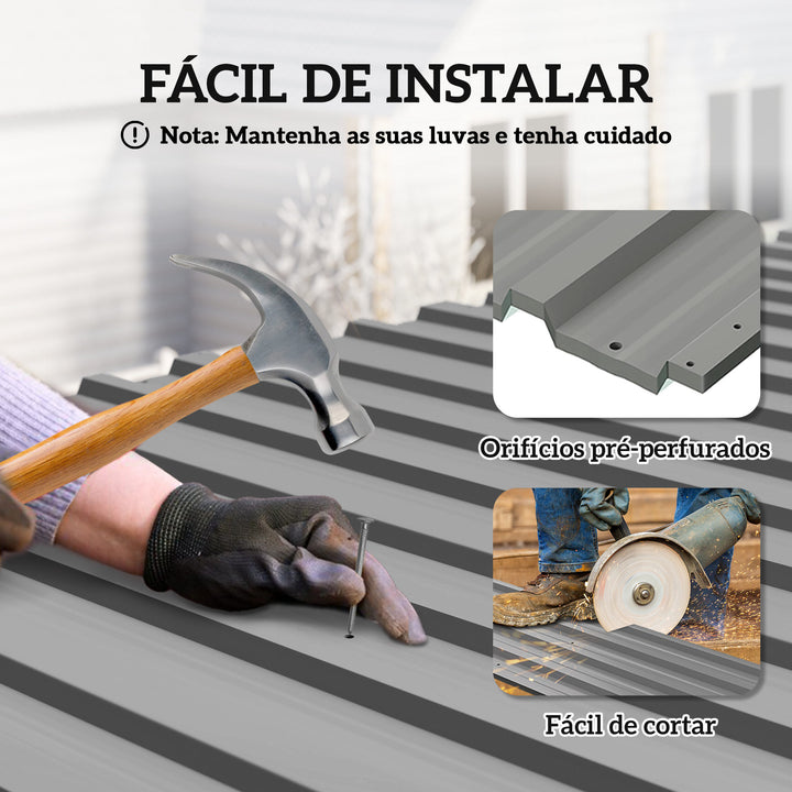 Conjunto de 12 Painéis para Teto de Aço Galvanizado Chapas Perfiladas de Teto 7m² para Abrigo de Ferramentas Abrigo Exterior 129x45 cm Cinzento Claro