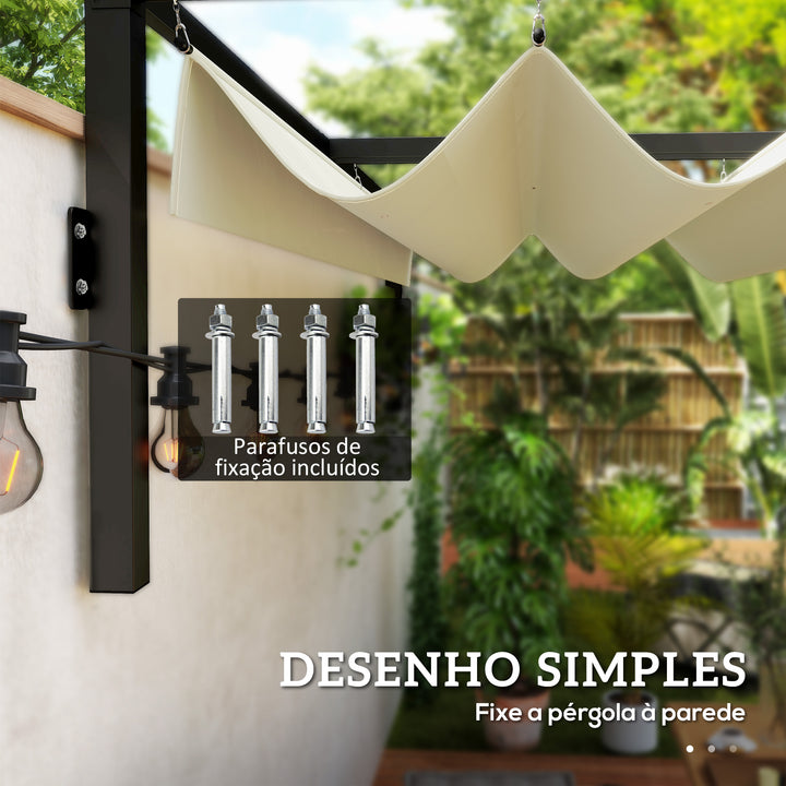 Pérgola de Parede 297x211x220 cm Pérgola de Jardim com Teto Retrátil e Estrutura de Aço Pérgola para Pátio Exterior Creme