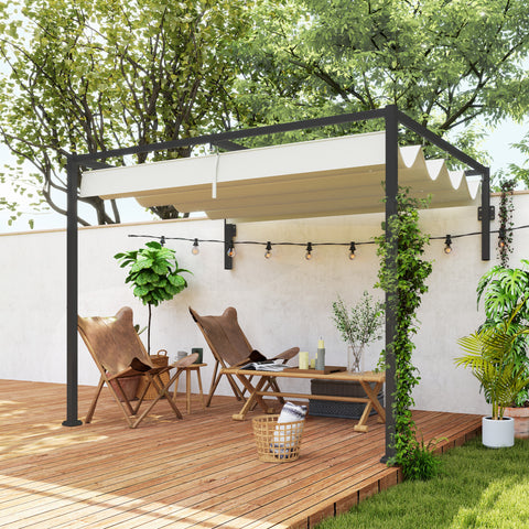Pérgola de Parede 297x211x220 cm Pérgola de Jardim com Teto Retrátil e Estrutura de Aço Pérgola para Pátio Exterior Creme