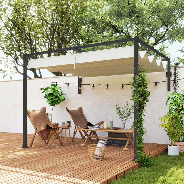 Pérgola de Parede 297x211x220 cm Pérgola de Jardim com Teto Retrátil e Estrutura de Aço Pérgola para Pátio Exterior Creme