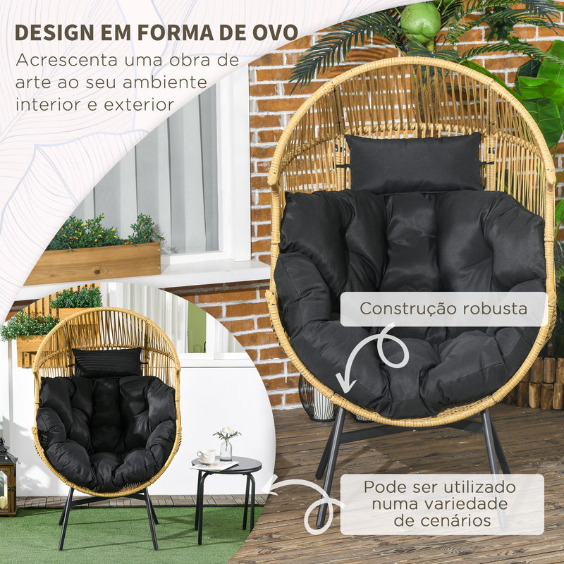 Poltrona de Vime Sintético Poltrona de Jardim em Forma de Ovo com Apoio de Cabeça Almofada e Estrutura de Aço para Terraço Pátio 89x75x143 cm Areia e Preto