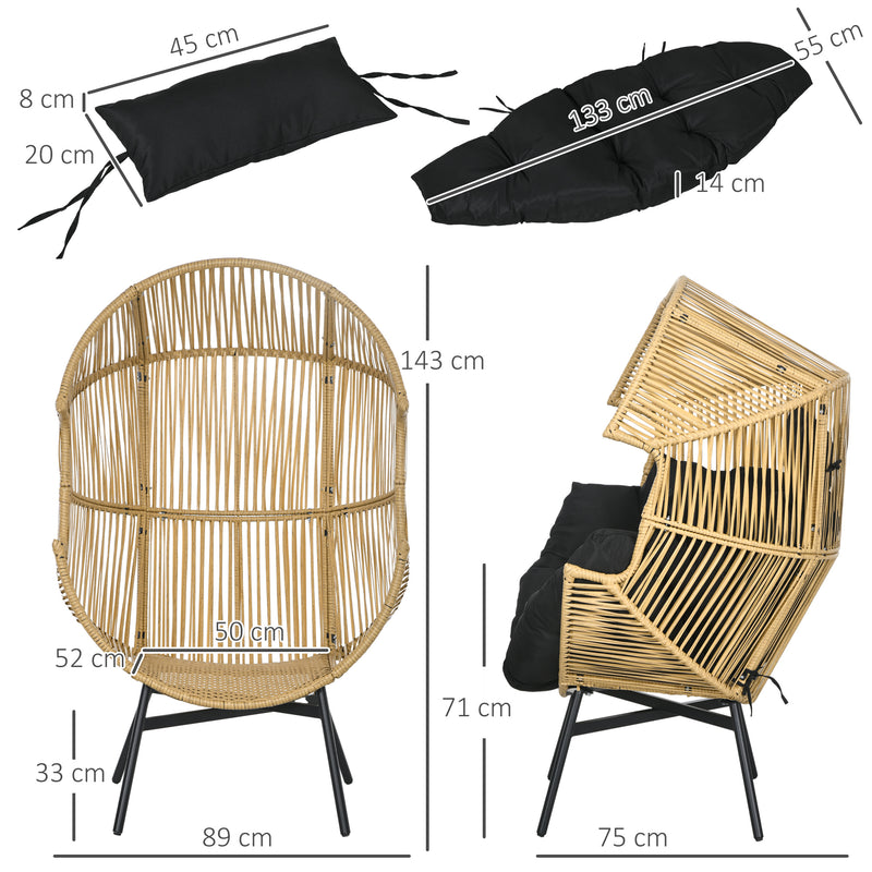 Poltrona de Vime Sintético Poltrona de Jardim em Forma de Ovo com Apoio de Cabeça Almofada e Estrutura de Aço para Terraço Pátio 89x75x143 cm Areia e Preto