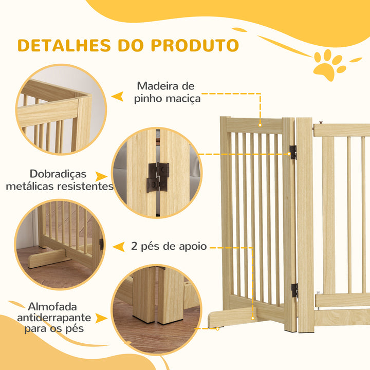 Barreira de Segurança para Cães em Madeira Dobrável para Escadas e Portas Veda para Cães Pequenos e Médios de 4 Painéis com Suporte de Pé para Interiores 204x36x75 cm Madeira