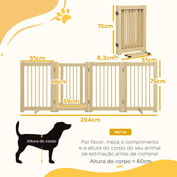 Barreira de Segurança para Cães em Madeira Dobrável para Escadas e Portas Veda para Cães Pequenos e Médios de 4 Painéis com Suporte de Pé para Interiores 204x36x75 cm Madeira