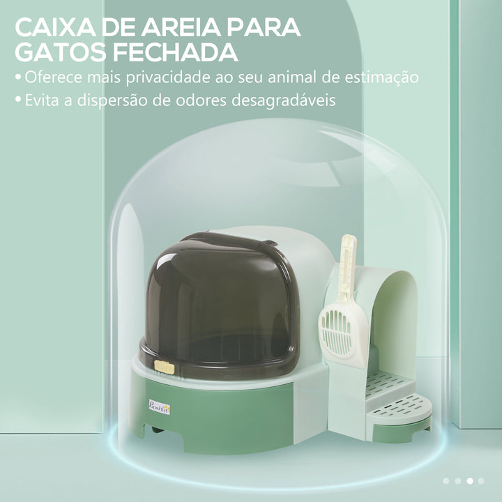 Caixa de Areia para Gatos com Cobertura Caixa de Areia para Gatos com Forma de Cápsula Espacial com 2 Bandejas Amovíveis e Pá 52x60x42 cm Verde