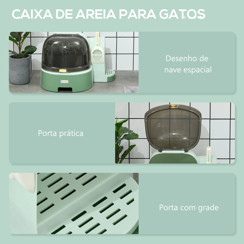 Caixa de Areia para Gatos com Cobertura Caixa de Areia para Gatos com Forma de Cápsula Espacial com 2 Bandejas Amovíveis e Pá 52x60x42 cm Verde