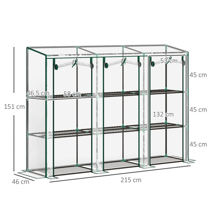 Estufa Pequena Estufa de Exterior com Prateleiras de 3 Níveis Portas com Fecho de Correr e Estrutura de Aço Estufa para Cultivar Plantas Flores 215x46x151 cm Transparente