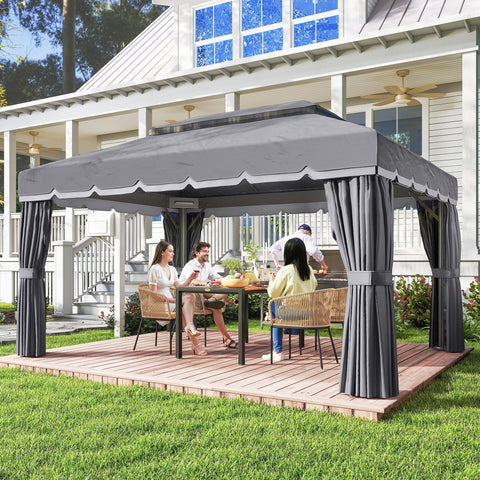 Pérgola de Jardim 390x290x270 cm Pérgola de Alumínio com Teto com Ventilação 4 Cortinas Laterais 4 Telas Mosquiteiras e 8 Orifícios de Drenagem para Festas Eventos Exterior Cinza