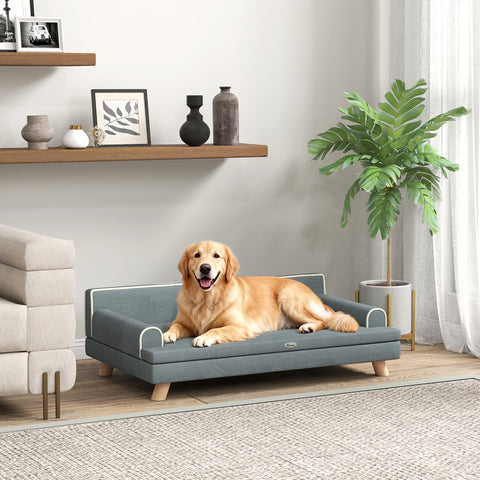 Sofá para Cães Grandes e Médios 100x62x32 cm Cama Elevada Revestimento em Chenille com Almofada Lavável e Pés de Madeira de Pinho Cinza Escuro