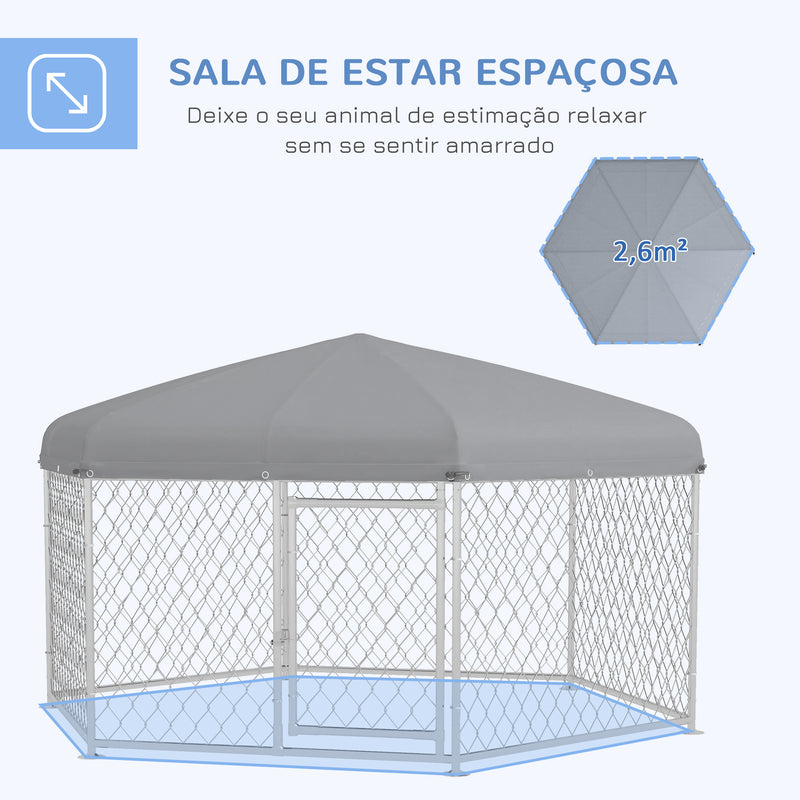 Canil de Exterior Hexagonal Gaiola para Cães com Porta Estrutura de Aço Galvanizado e Toldo Impermeável e Anti-UV 210x185x150 cm Prata