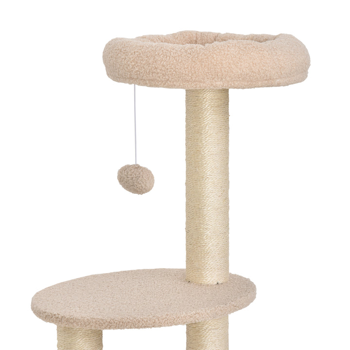 Arranhador para Gatos Altura 148 cm Arranhador para Gatos com Postes de Sisal 3 Plataformas Casa e Bola Suspensa Bege