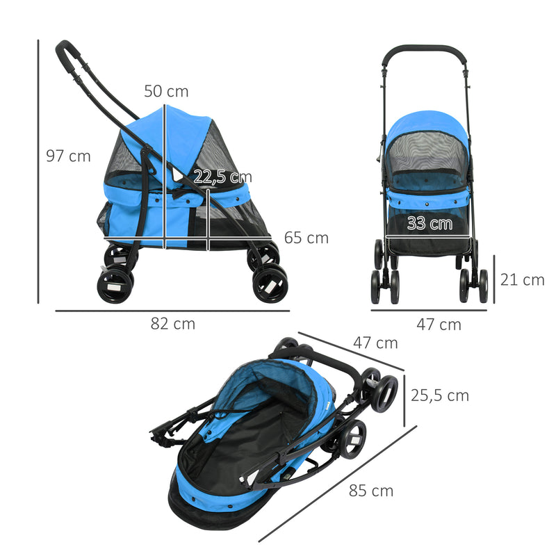 Carrinho para Animais de Estimação Dobrável Carrinho de Passeio para Cães e Gatos com Janela de Malha Almofada Lavável Arnês de Segurança e Estrutura de Aço 82x47x97cm Azul